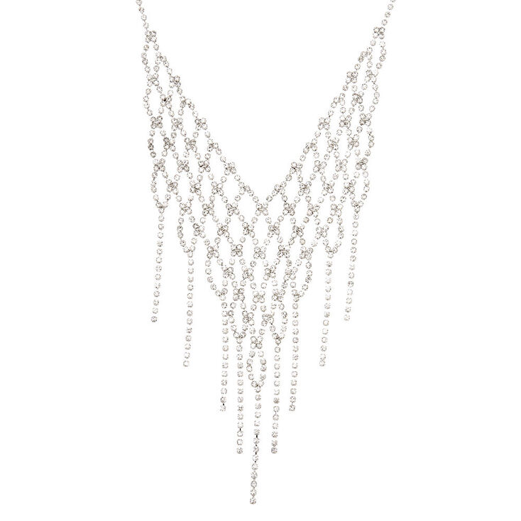 Silver Rhinestone Crochet Fringe Statement Necklace,