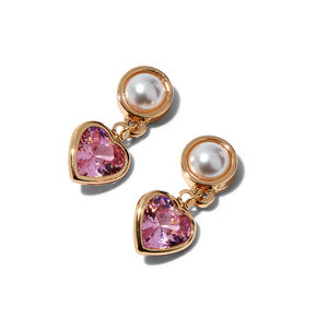 Gold-tone Pearl &amp; Pink Heart Cubic Zirconia 0.5&quot; Drop Earrings,