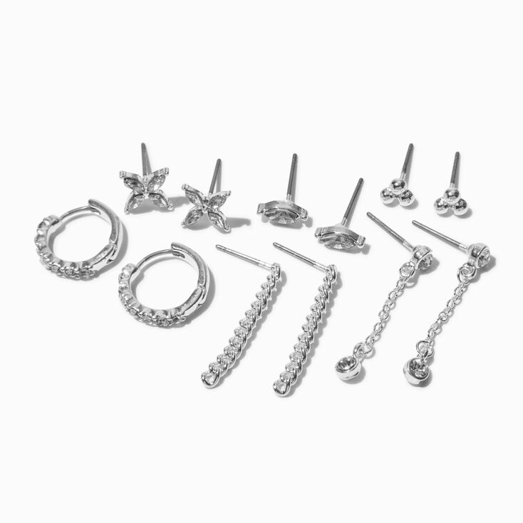 Silver-tone Crystal Mixed Earring Stackables Set - 6 Pack,