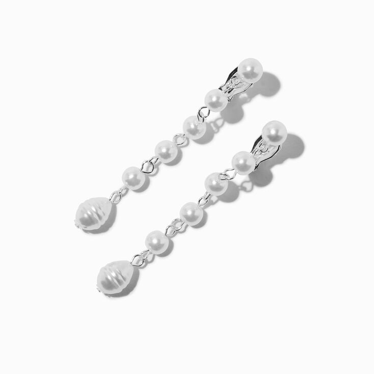 Silver-tone Pearl Linear 2&quot; Clip-On Drop Earrings,