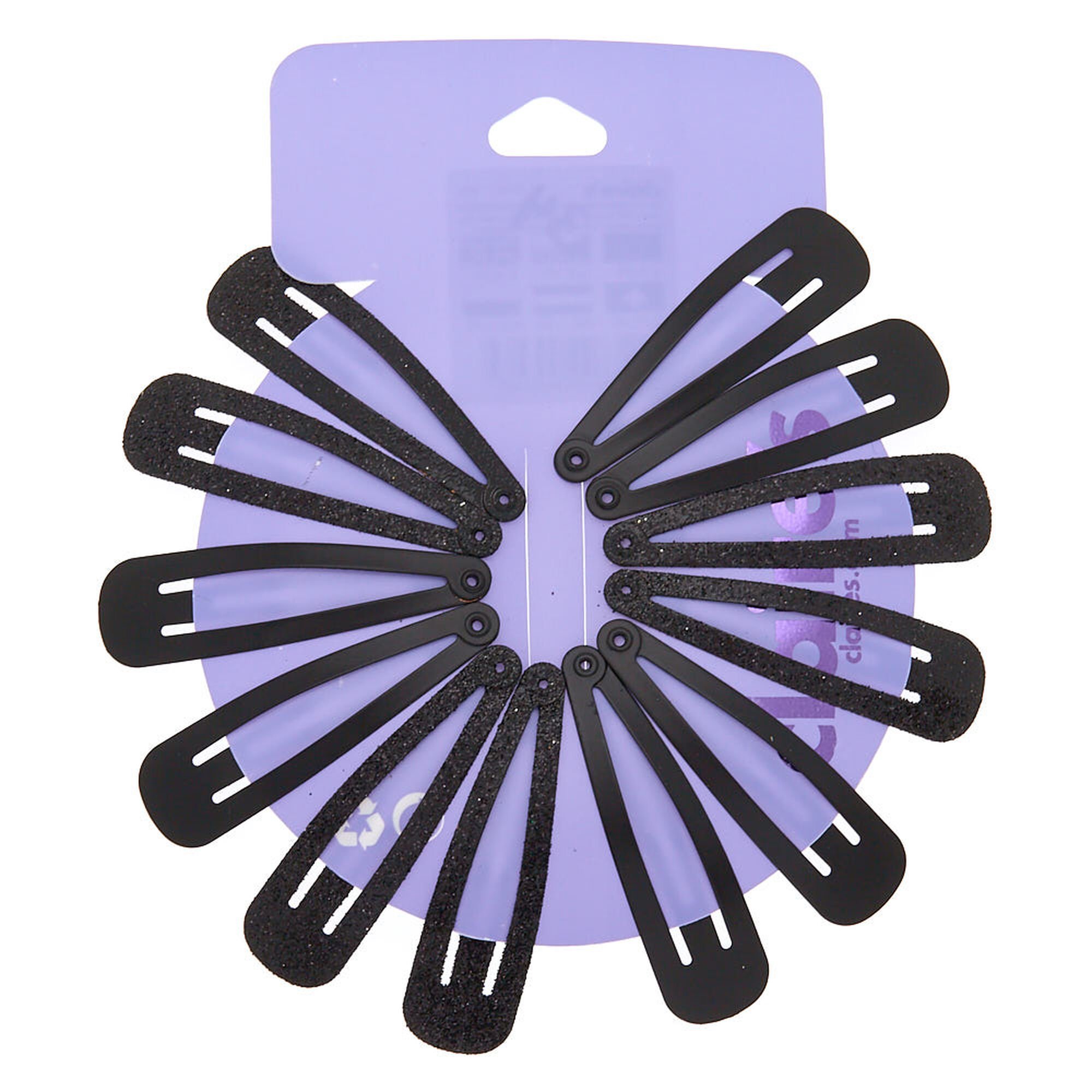 View Claires Glitter Matte Snap Hair Clips Black 12 Pack information