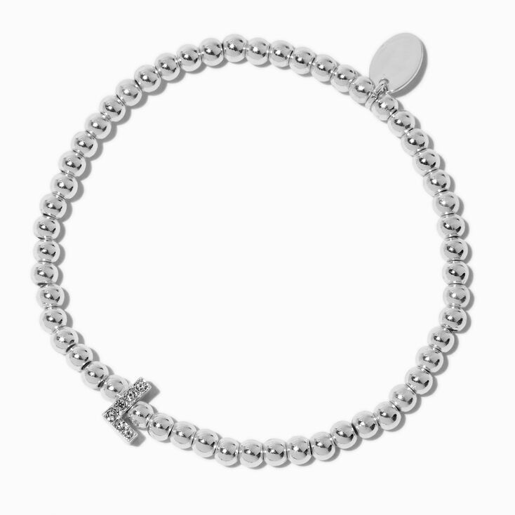 Bracelet &eacute;lastique &agrave; initiale strass en pav&eacute; couleur argent&eacute;e - L,