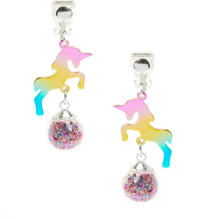 1&quot; Rainbow Unicorn Clip On Drop Earrings,