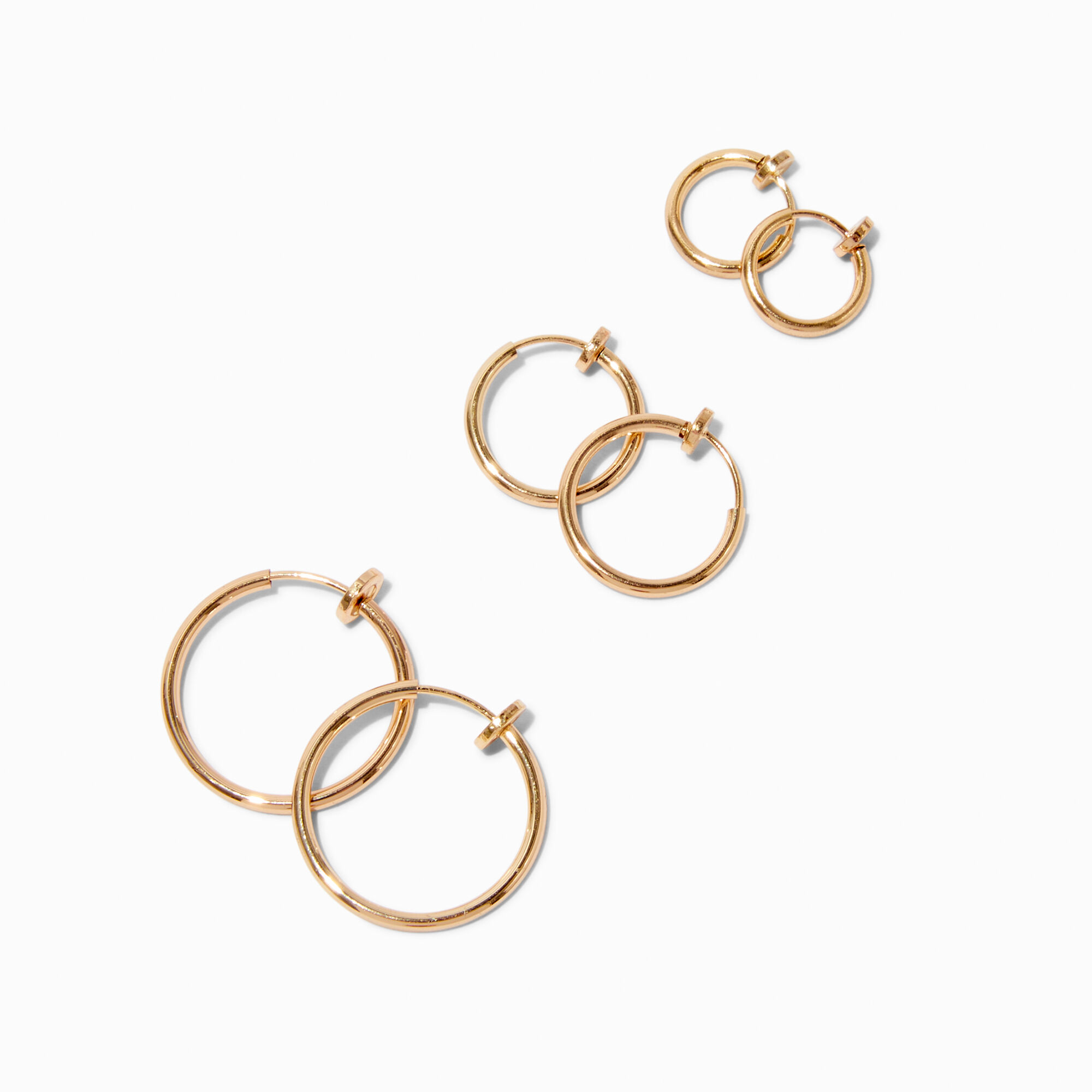 View Claires Tone 10MM15MM20MM ClipOn Hoop Earrings 3 Pack Gold information