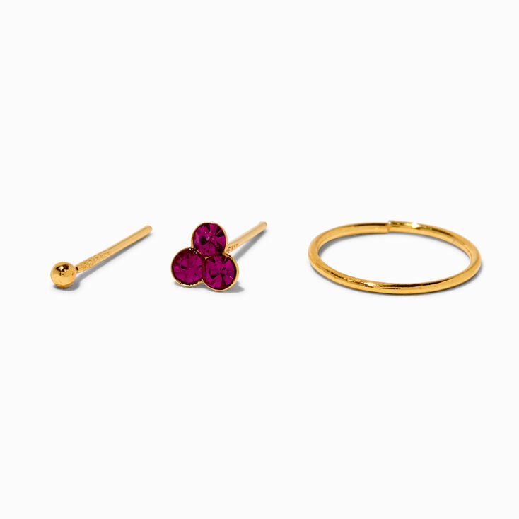 Gold-tone Pink Stone 22G Nose Studs &amp; Hoop - 3 Pack,