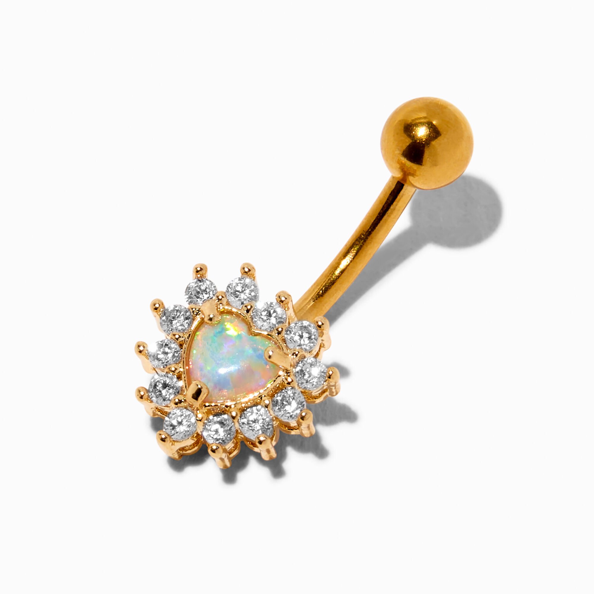Gold-tone Stainless Steel Cubic Zirconia Opal Heart 14G Belly Bar,