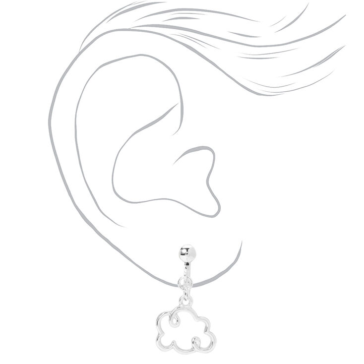Silver Cloud Outline Clip-On Drop Earrings,