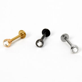 Mixed Metal 16G Crystal Labret Flat Back Studs - 3 Pack,
