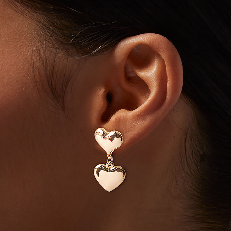 Gold-tone Puffy Double Heart Drop Earrings,