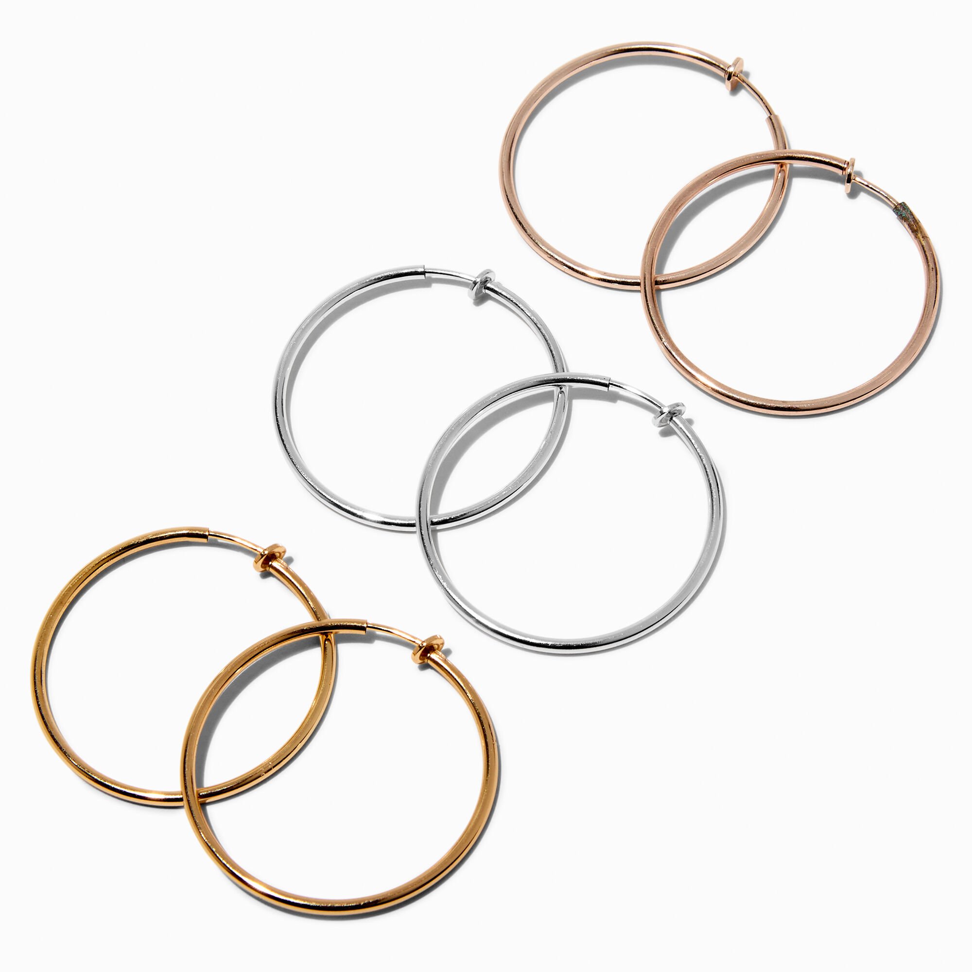 View Claires Mixed Metal 40MM Clip On Hoop Earrings 3 Pack Rose Gold information