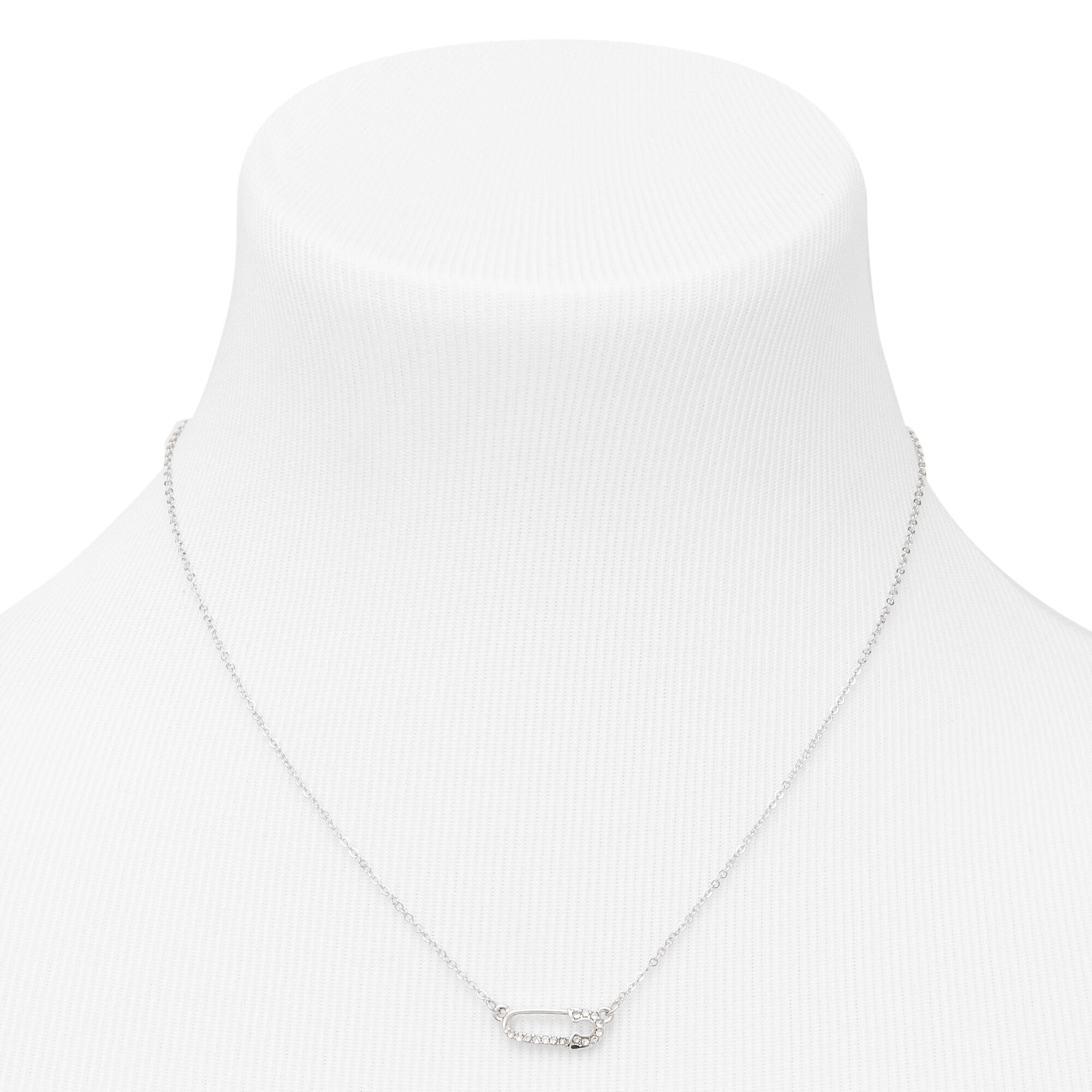 Silver Embellished Safety Pin Pendant Necklace,