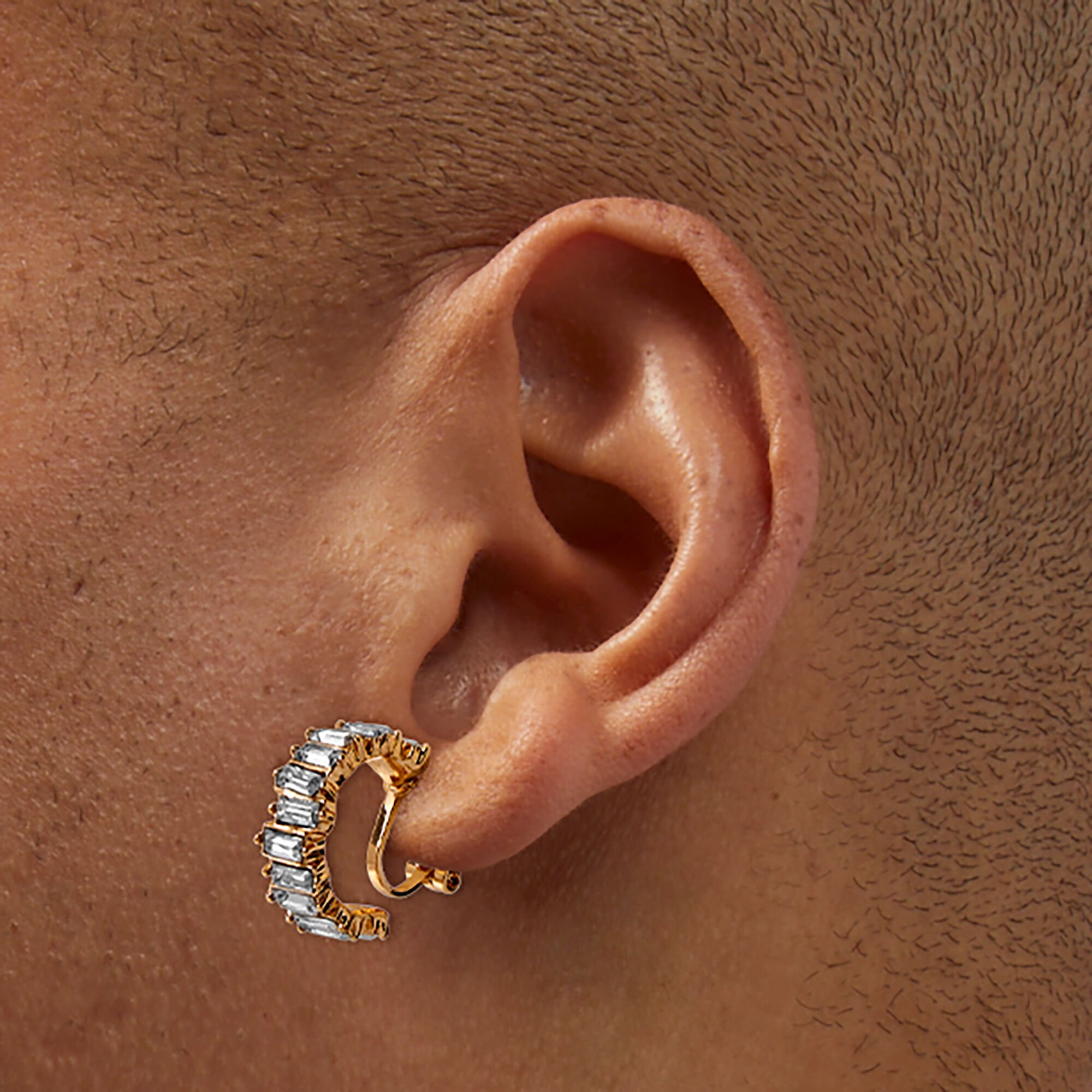 Gold-tone Crystal Tread Hoop Clip-On Earrings - 3 Pack,