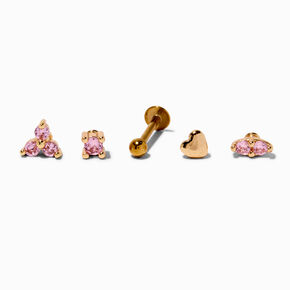 Gold-tone Stainless Steel Cubic Zirconia Changeable 18G Cartilage Pink Flat Back Earrings - 5 Pack,