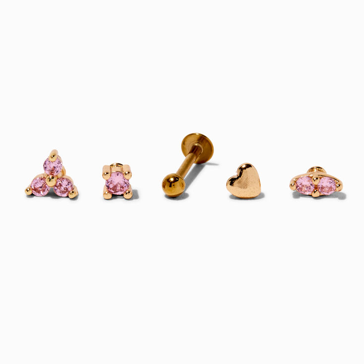 Gold-tone Stainless Steel Cubic Zirconia Changeable 18G Cartilage Pink Flat Back Earrings - 5 Pack,