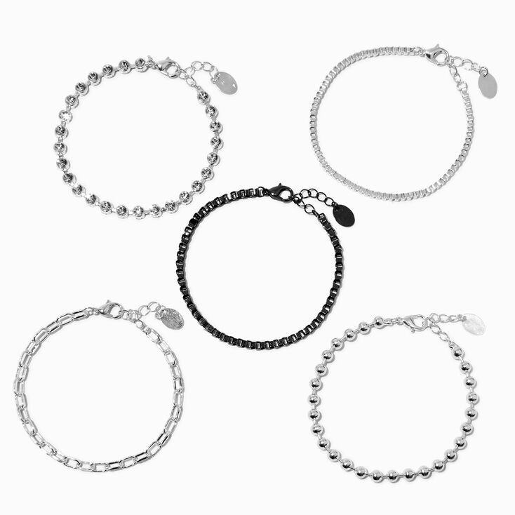 Silver-tone &amp; Black Chain Bracelets - 5 Pack ,