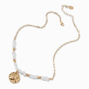 Gold-tone Shell &amp; Pearl Beaded Textured Disc Pendant Necklace,