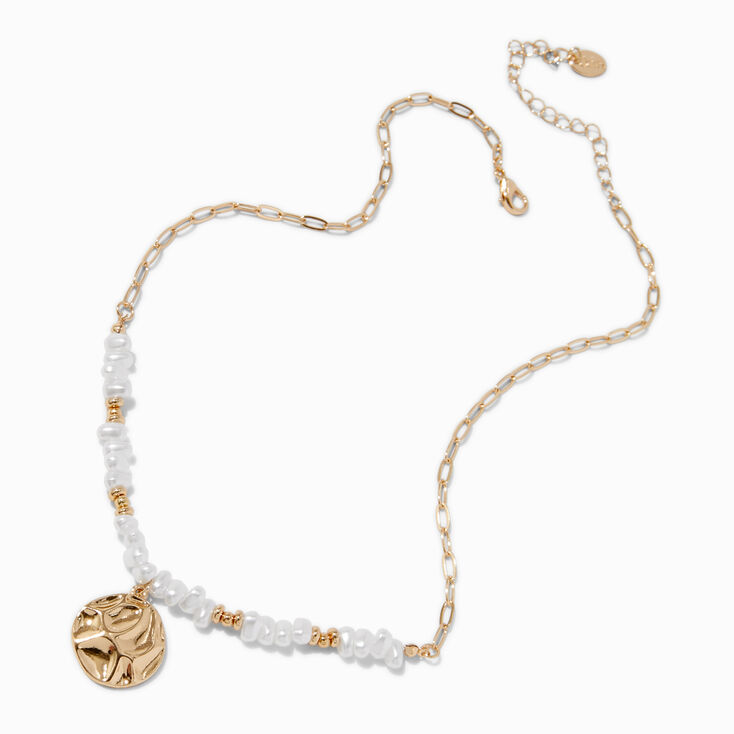 Gold-tone Shell &amp; Pearl Beaded Textured Disc Pendant Necklace,
