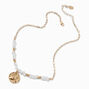 Gold-tone Shell &amp; Pearl Beaded Textured Disc Pendant Necklace,