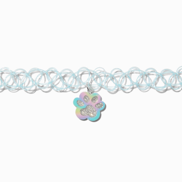 Rainbow Glitter Paw Pendant Tattoo Choker Necklace ,