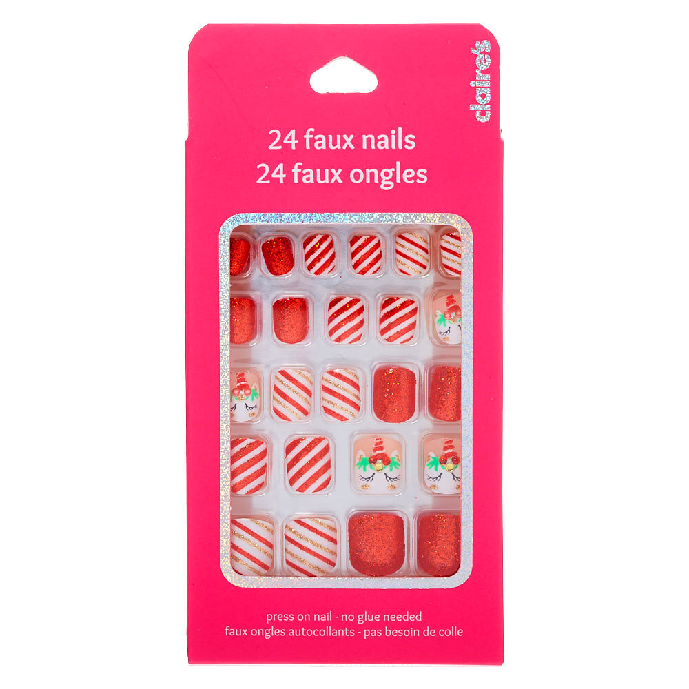Lot de faux ongles autocollants carrés licorne de Noël - Rouge, lot de 24,