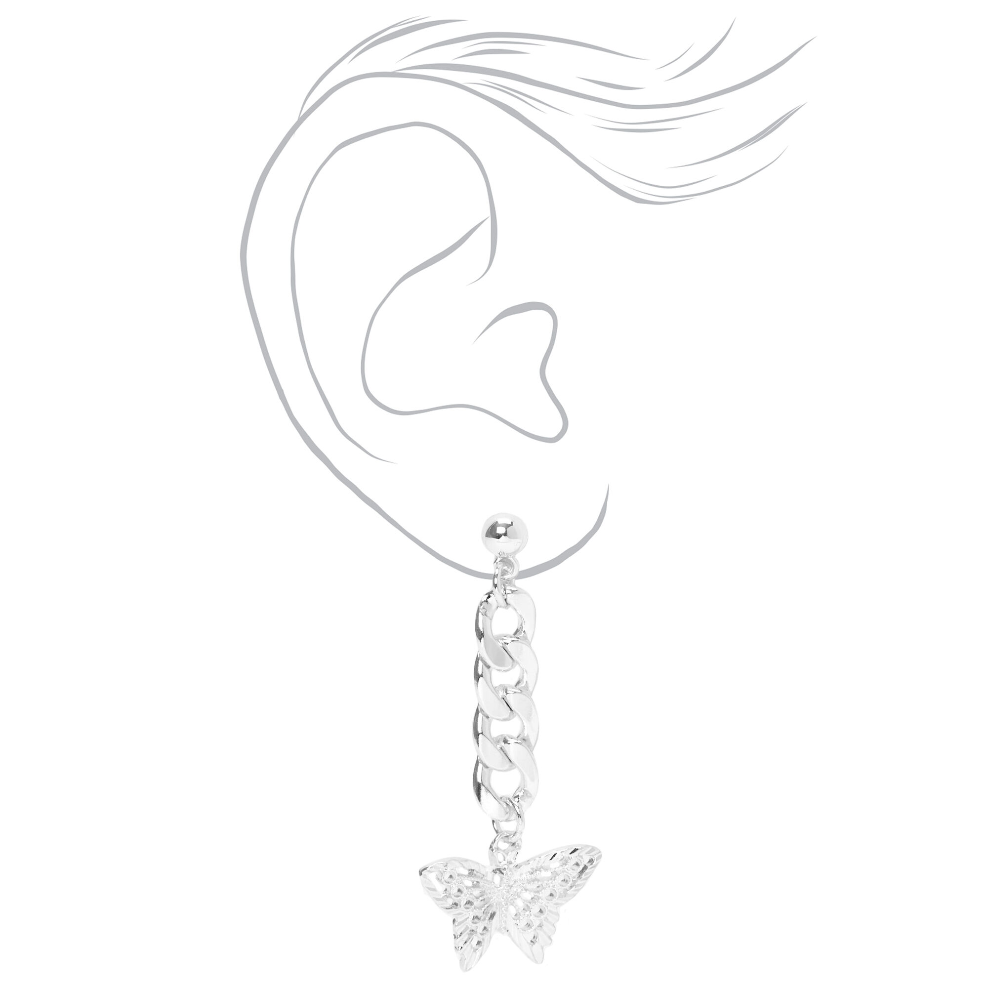 Silver Filigree Butterfly Chain Link 2" Drop Earrings,