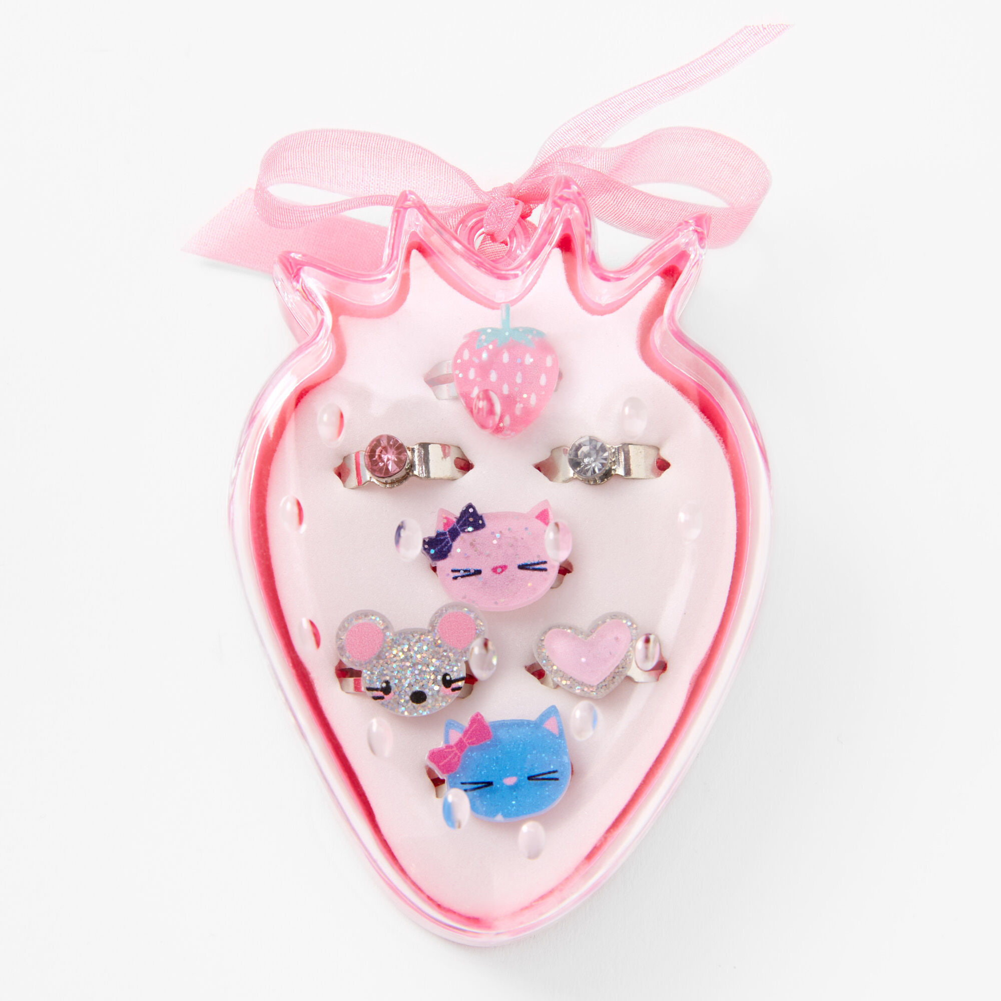 Claire's Club Silver Strawberry Box Rings - Pink, 7 Pack,