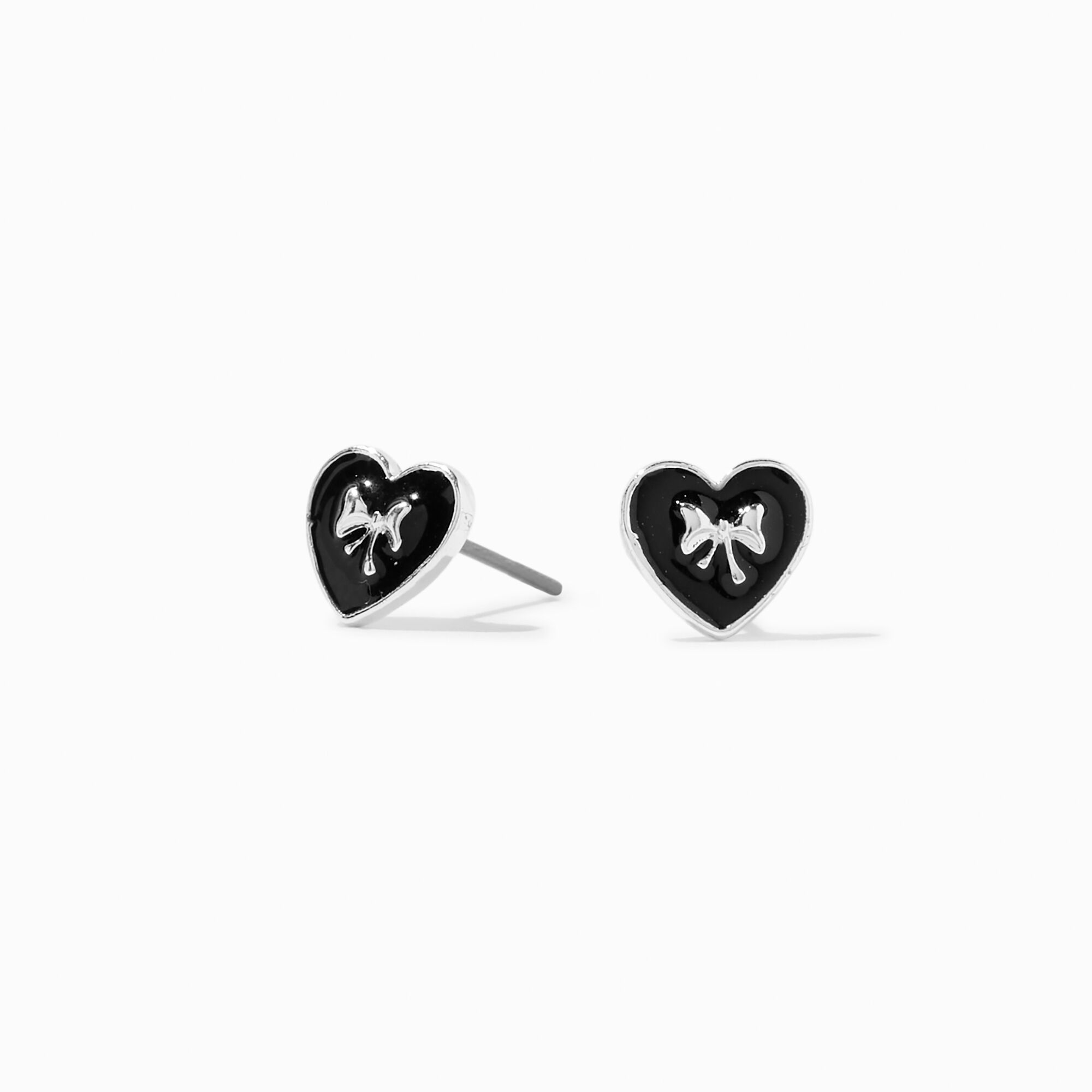 Silver tone Bow Black Heart Stud Earrings