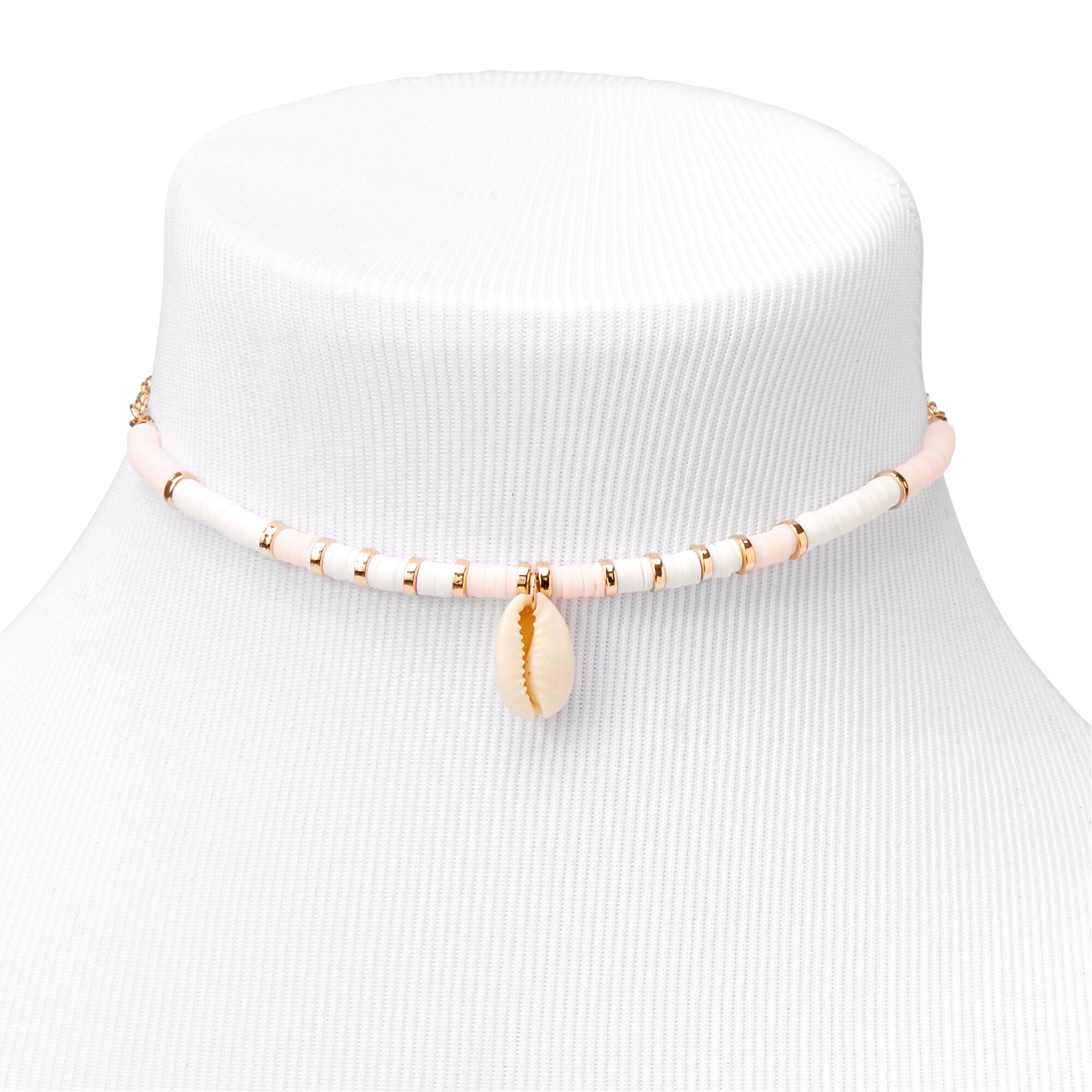 Gold Disc Cowrie Seashell Choker Necklace Pink