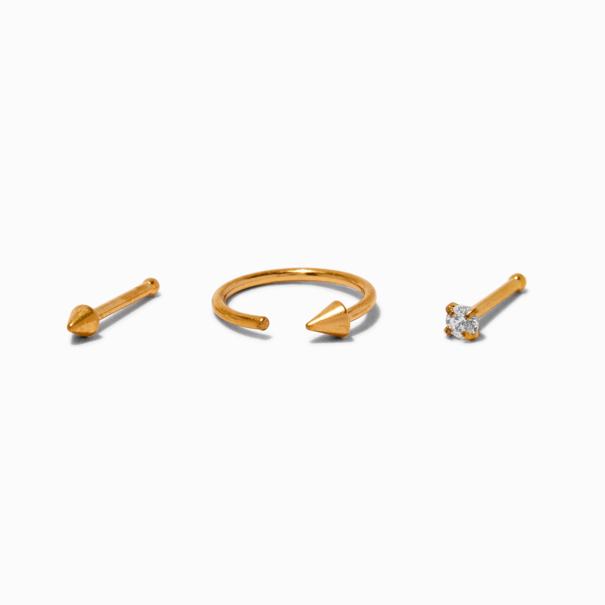 20G Gold-tone Titanium Cubic Zirconia Spike Nose Studs & Hoop - 3 Pack,