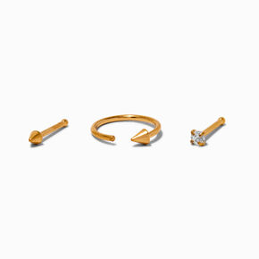 20G Gold-tone Titanium Cubic Zirconia Spike Nose Studs &amp; Hoop - 3 Pack,