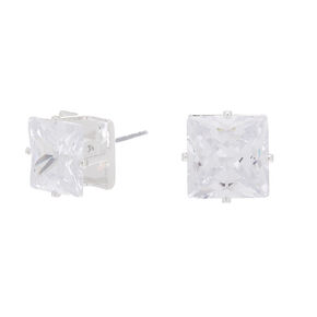 Silver-tone Cubic Zirconia 10mm Square Stud Earrings,