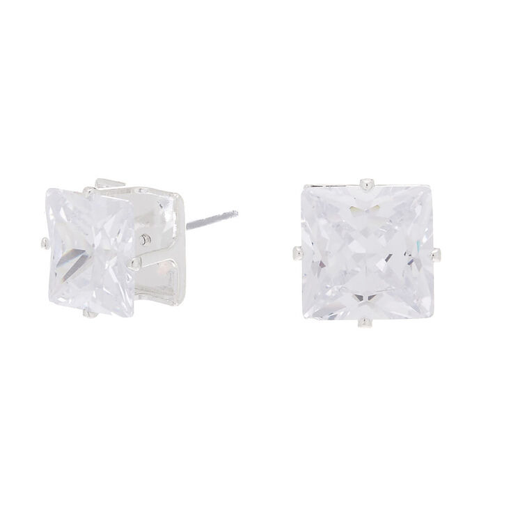 Silver-tone Cubic Zirconia 10mm Square Stud Earrings,