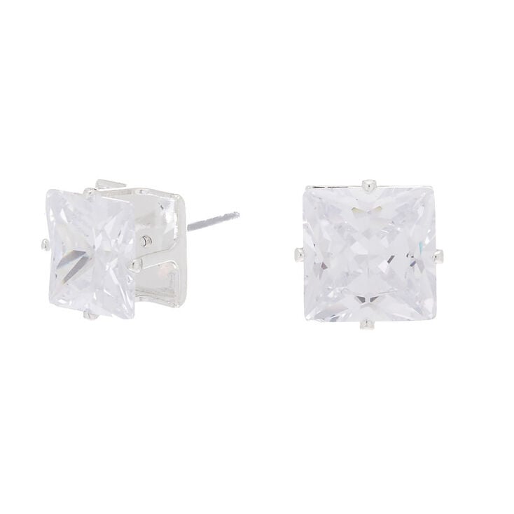 Silver Cubic Zirconia 10MM Square Stud Earrings,