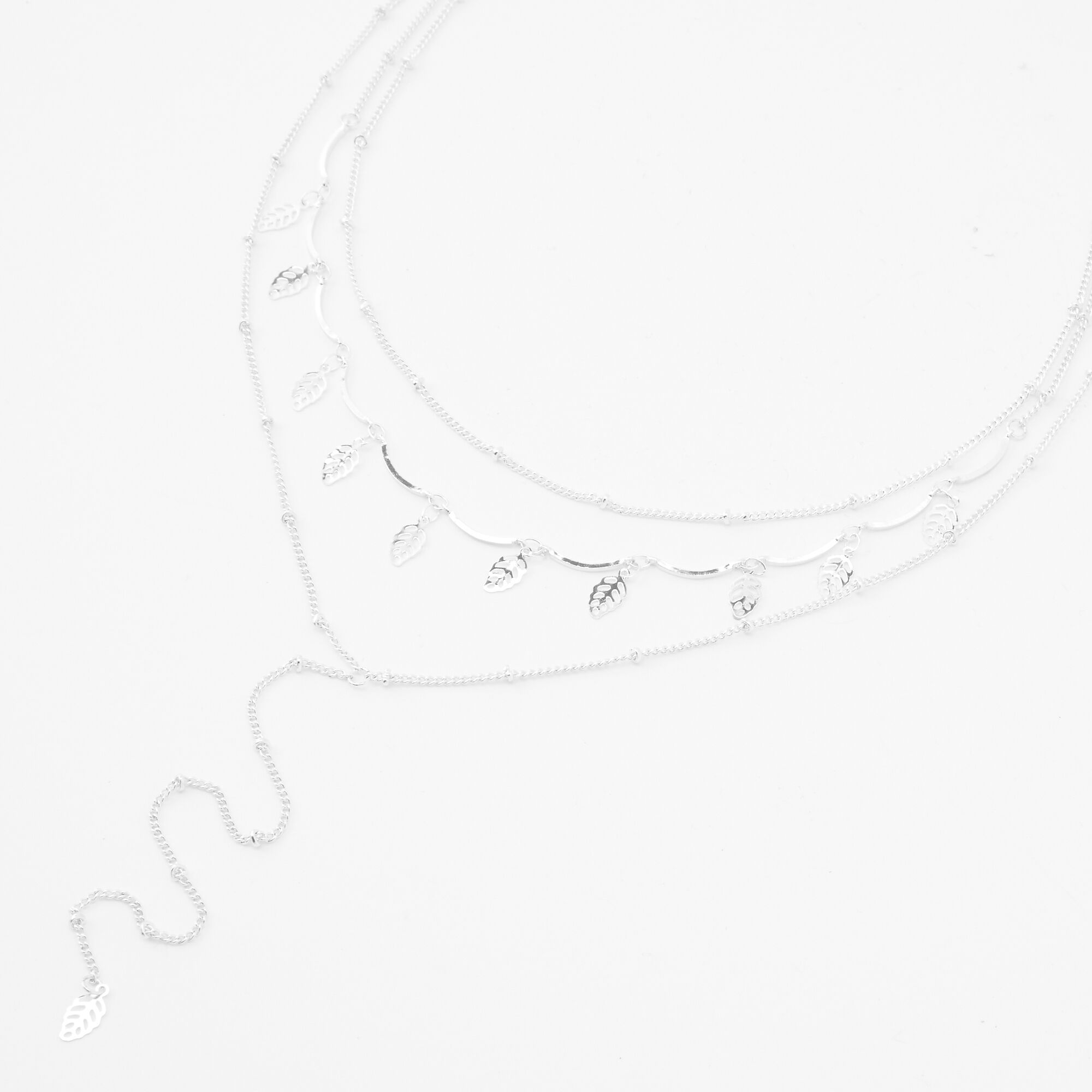Silver Layered Leaf Multi Strand Necklace,