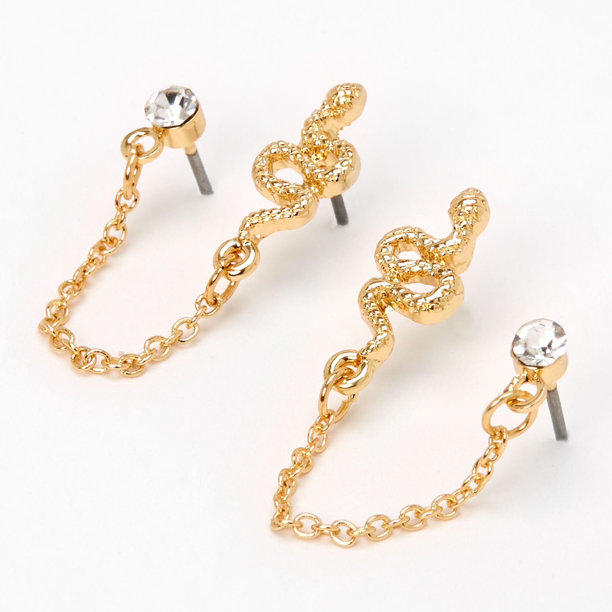 View Claires Snake Crystal Connector Chain Stud Earrings Gold information