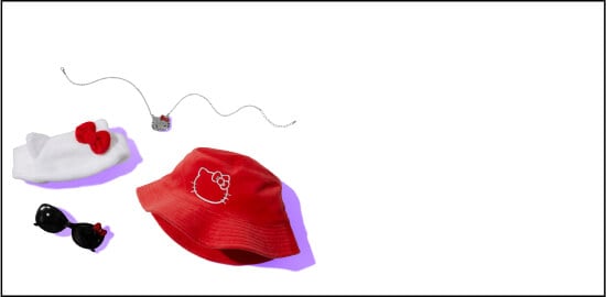 White background with red and white Helly Kitty accessories