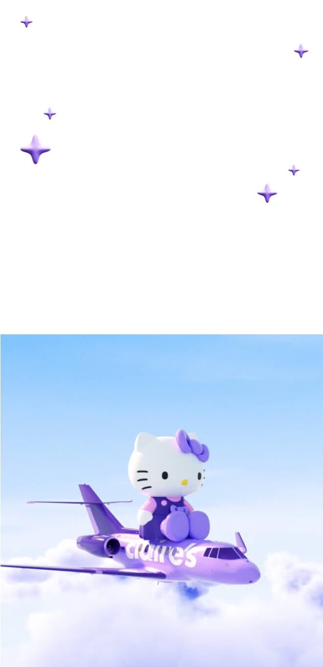 Kitty flying a plane, and a white background with purple stars