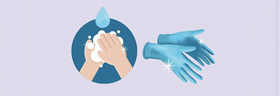 Icon of handwashing and hands with sanitary gloves on