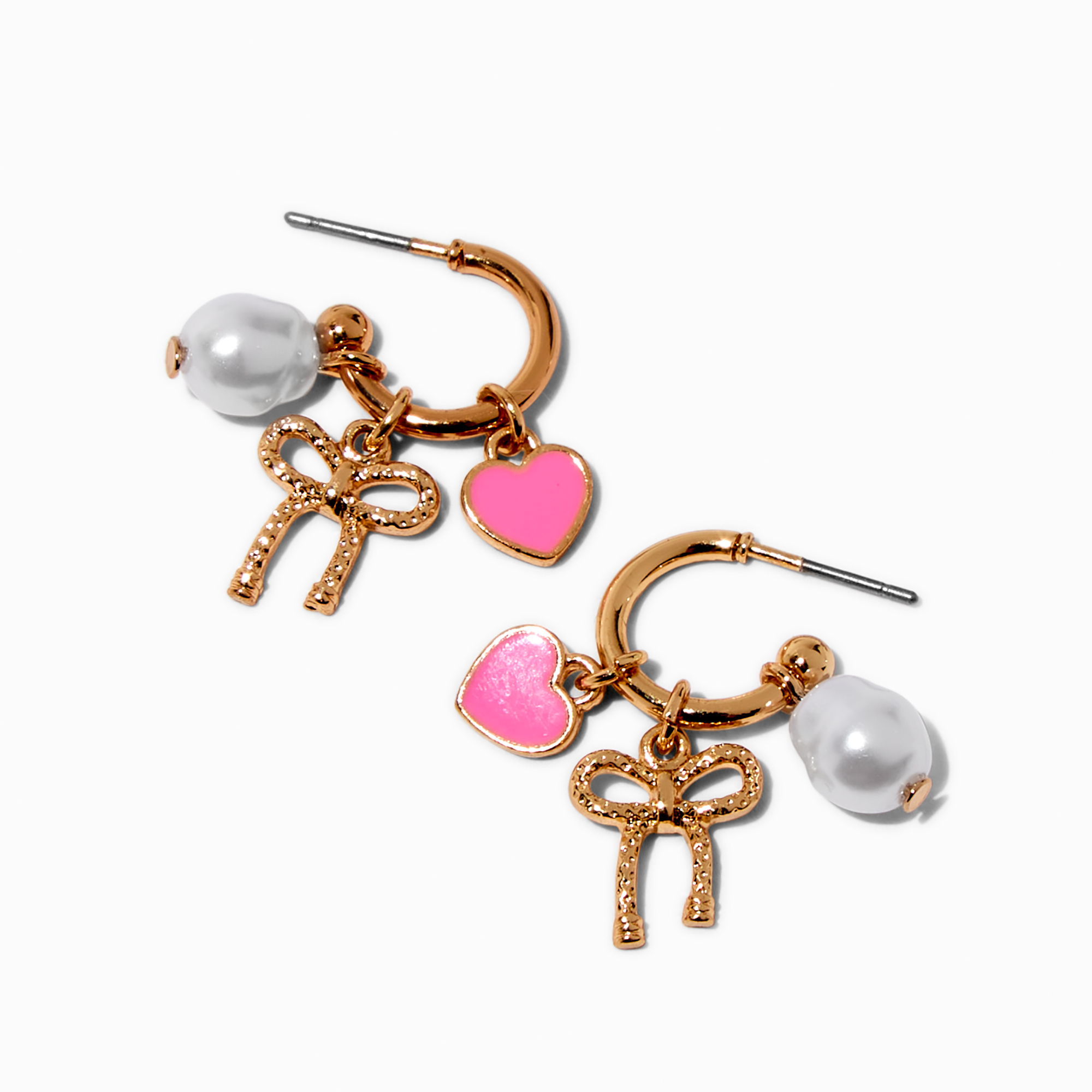 Pink Heart, Bow & Pearl Charm Gold-tone Hoop Earrings