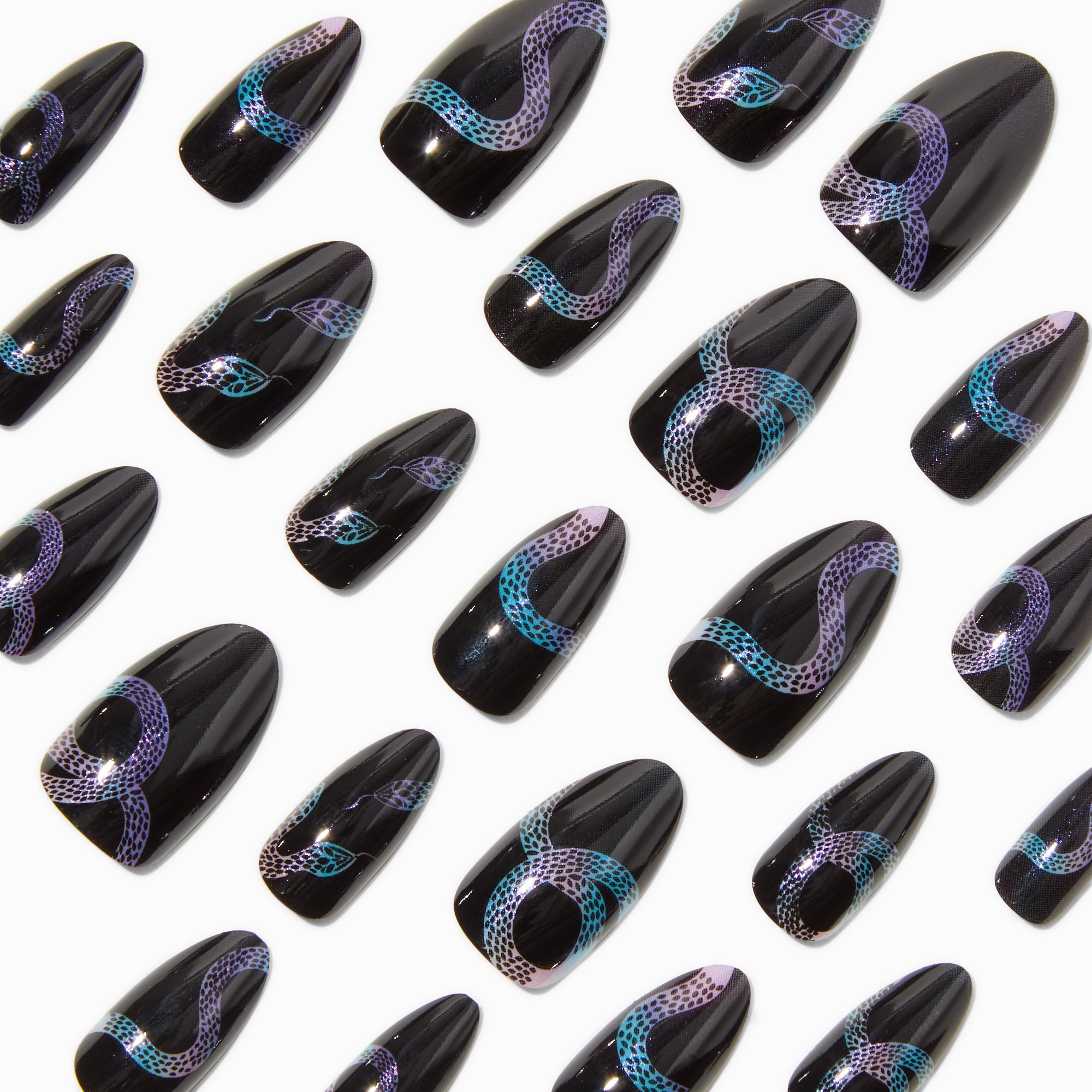 Holographic Snake Black Long Almond Vegan Faux Nail Set - 24 Pack