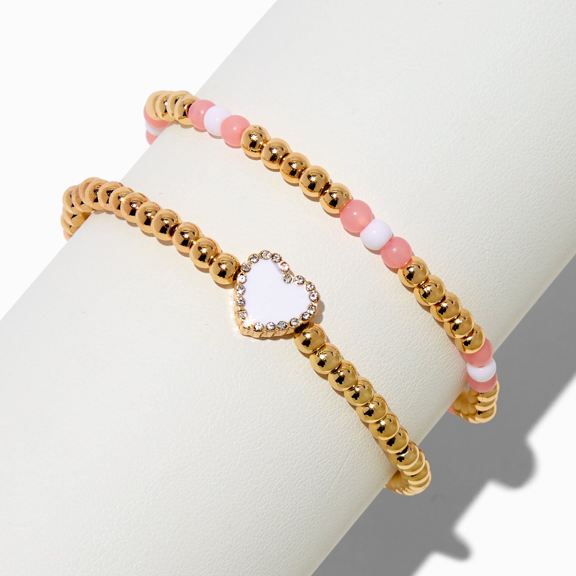 Pink Pavé Crystal Heart Stretch Bracelets - 2 Pack