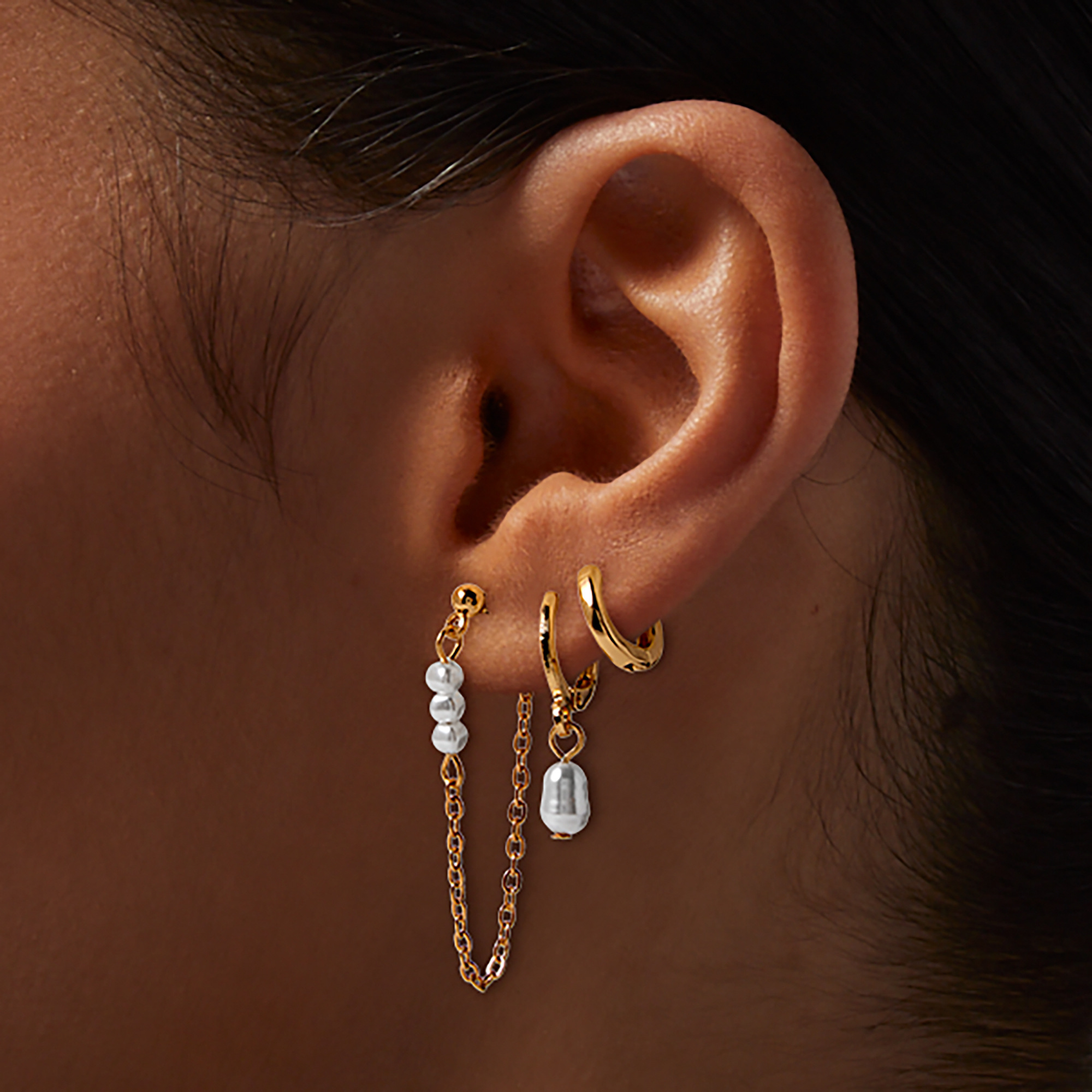 Gold-tone Pearl Chain Earring Stackables Set - 3 Pack