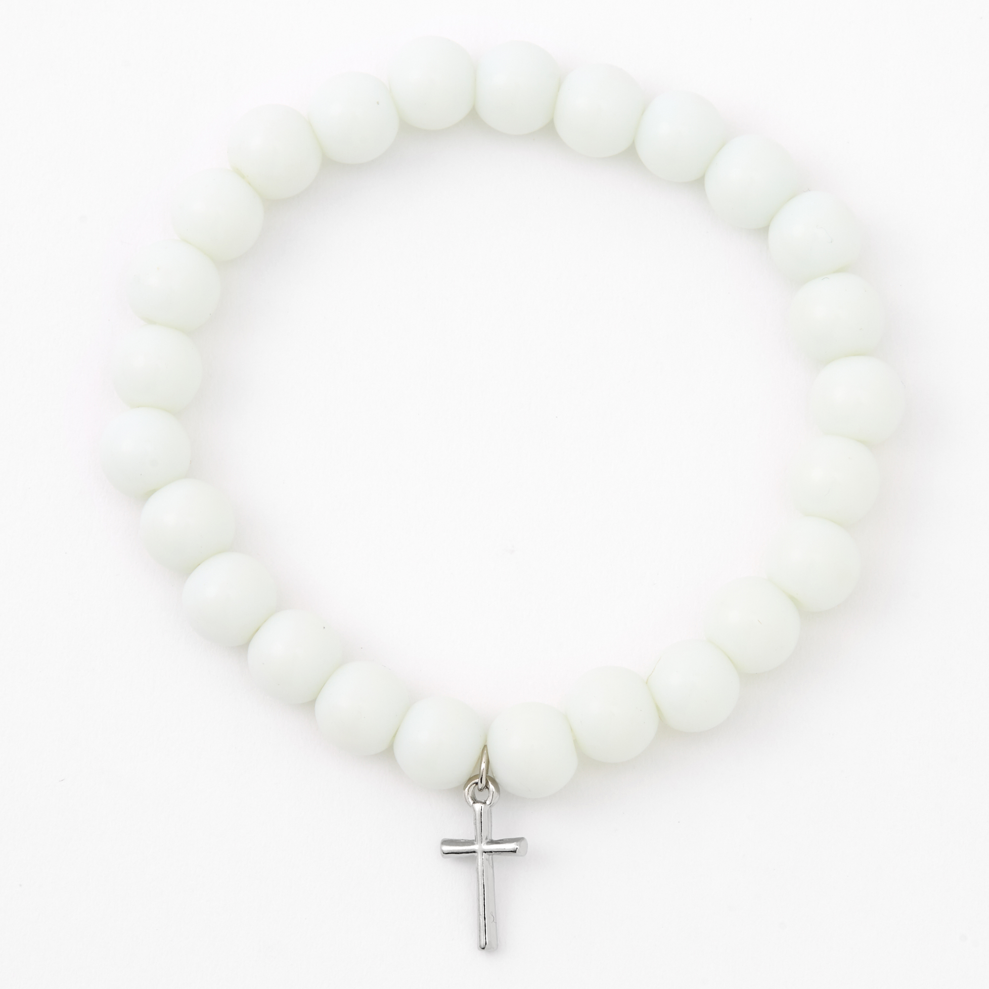 Silver-tone Cross White Beaded Stretch Bracelet