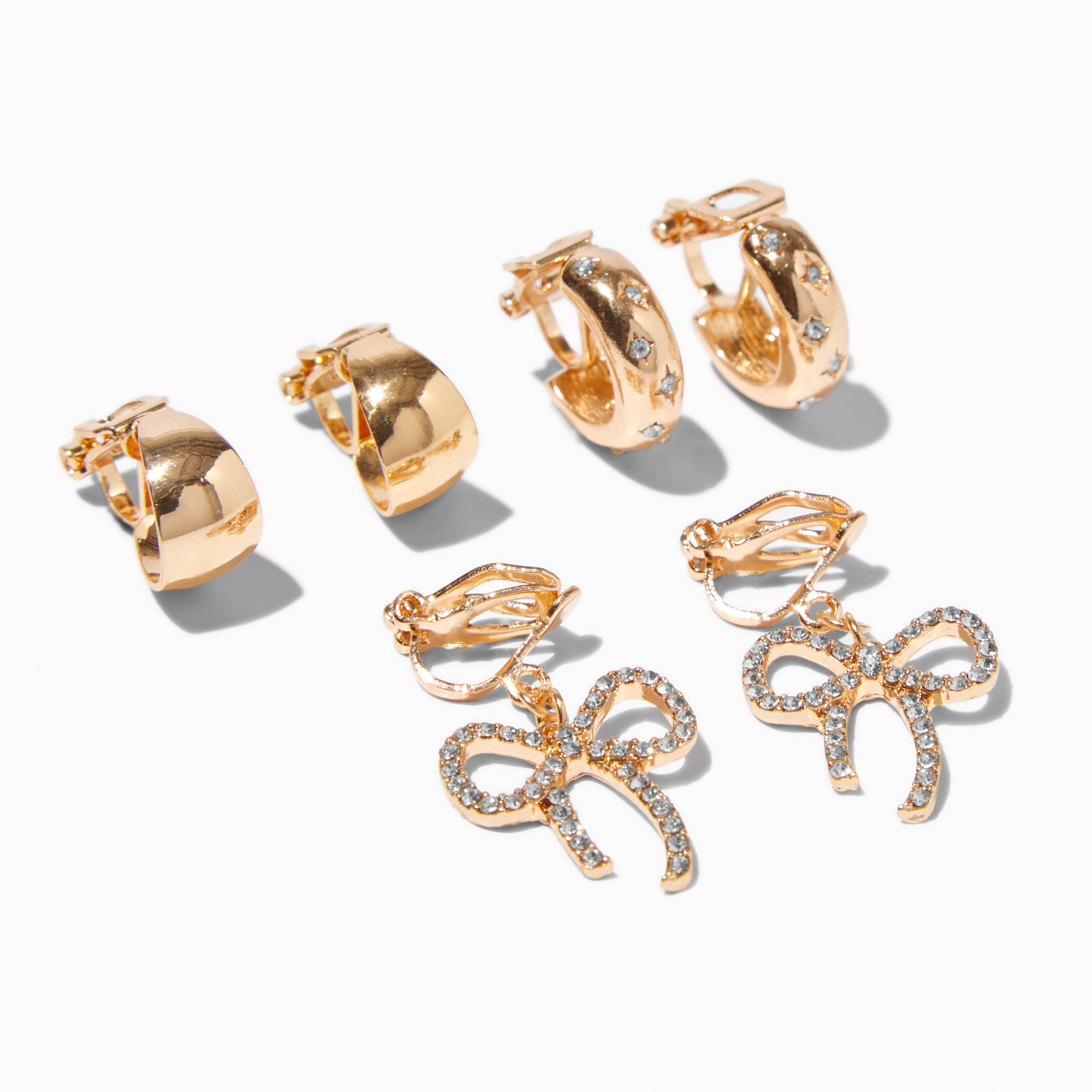 Gold-tone Crystal Bow Clip-On Earrings - 3 Pack | Claire's US