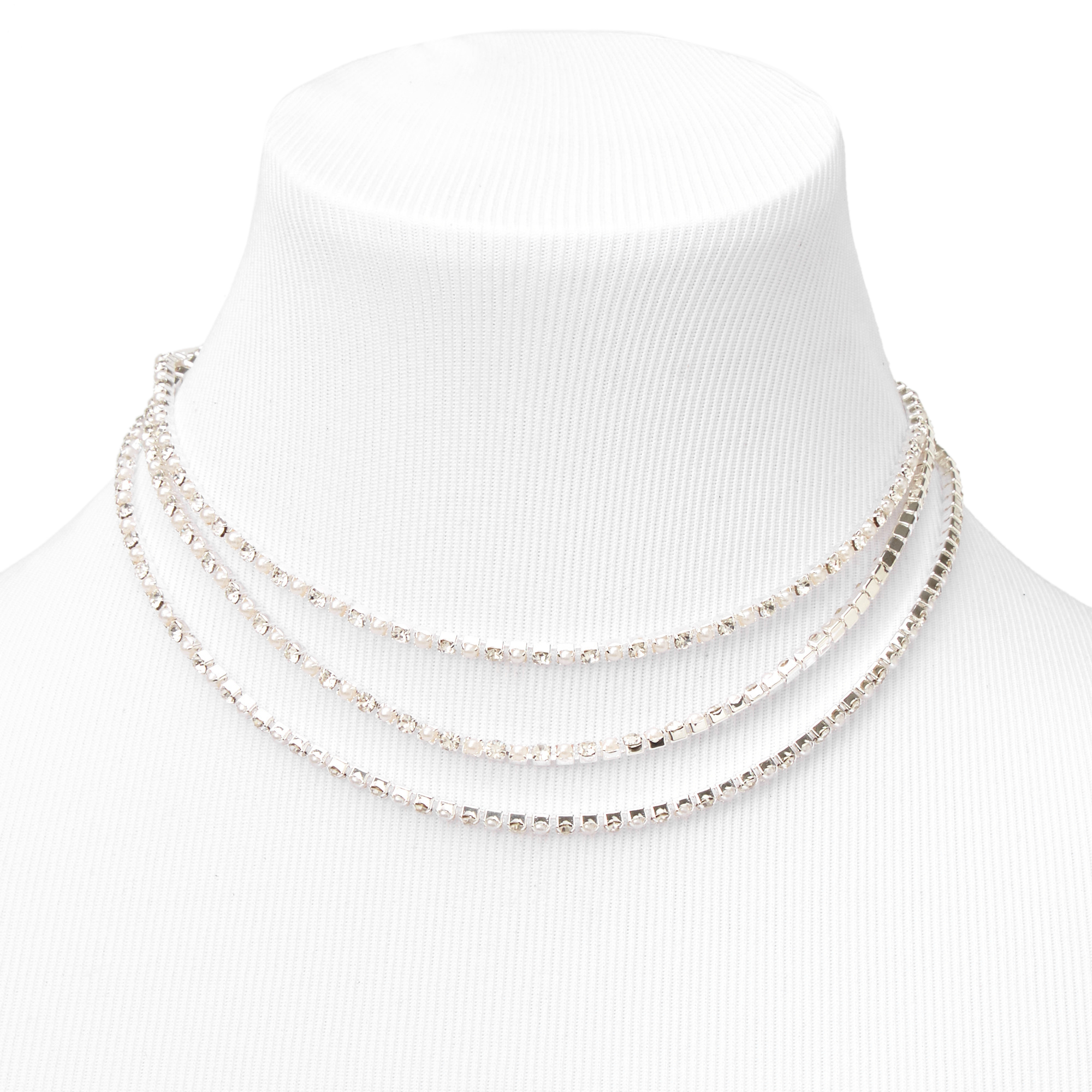 Silver Rhinestone Pearl Multi Strand Choker Necklace