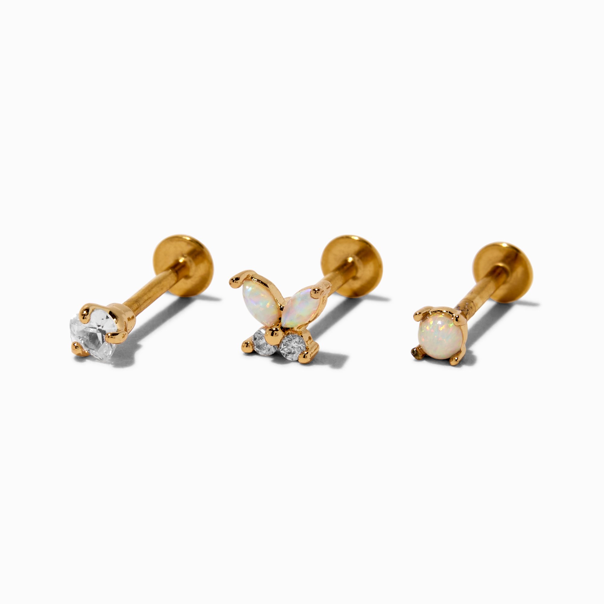 Gold-tone Stainless Steel Butterfly Opal Heart 18G Threadless Flat Back Cartilage Earrings - 3 Pack
