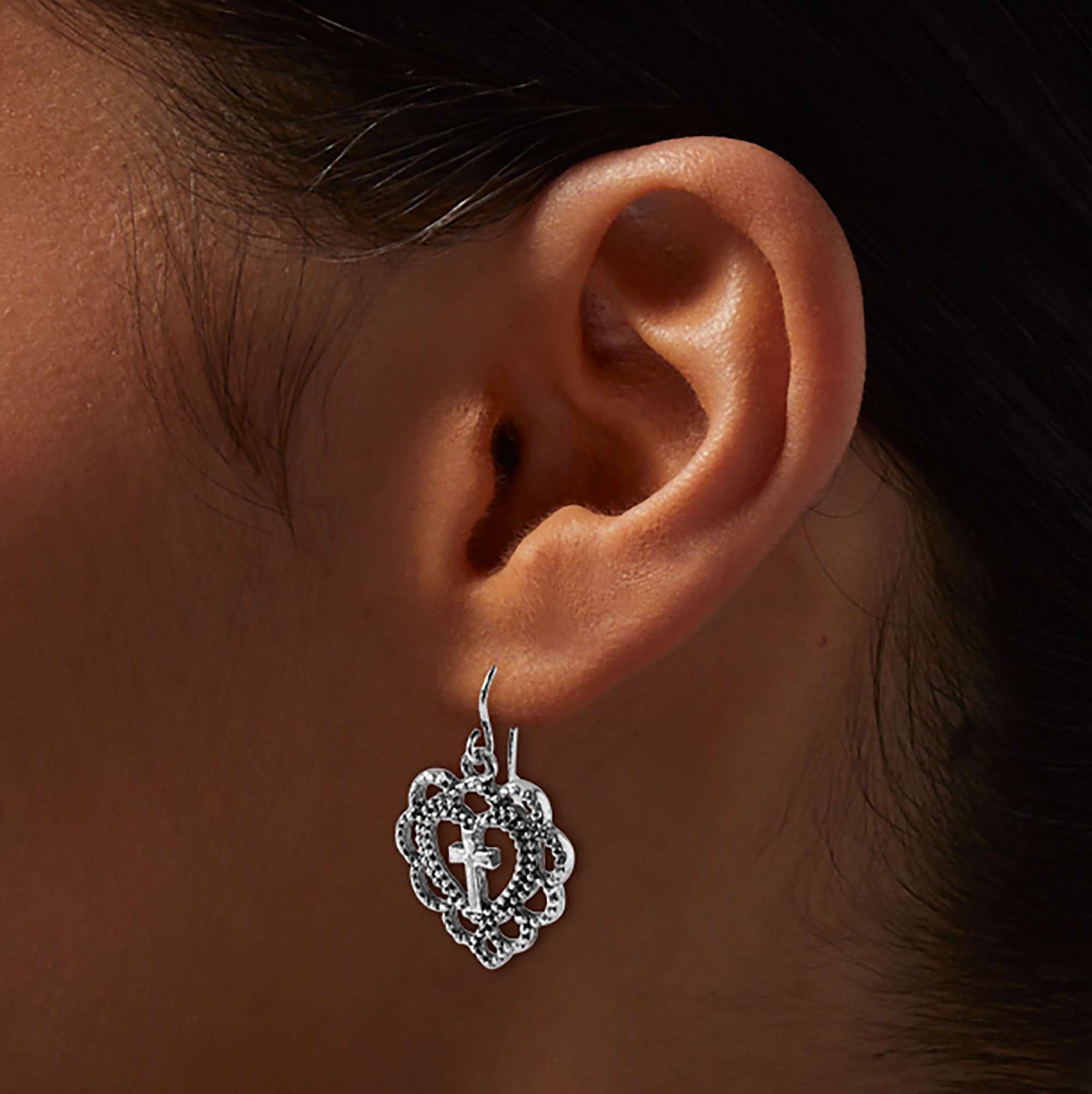 Silver-tone Cross Heart Drop Earrings