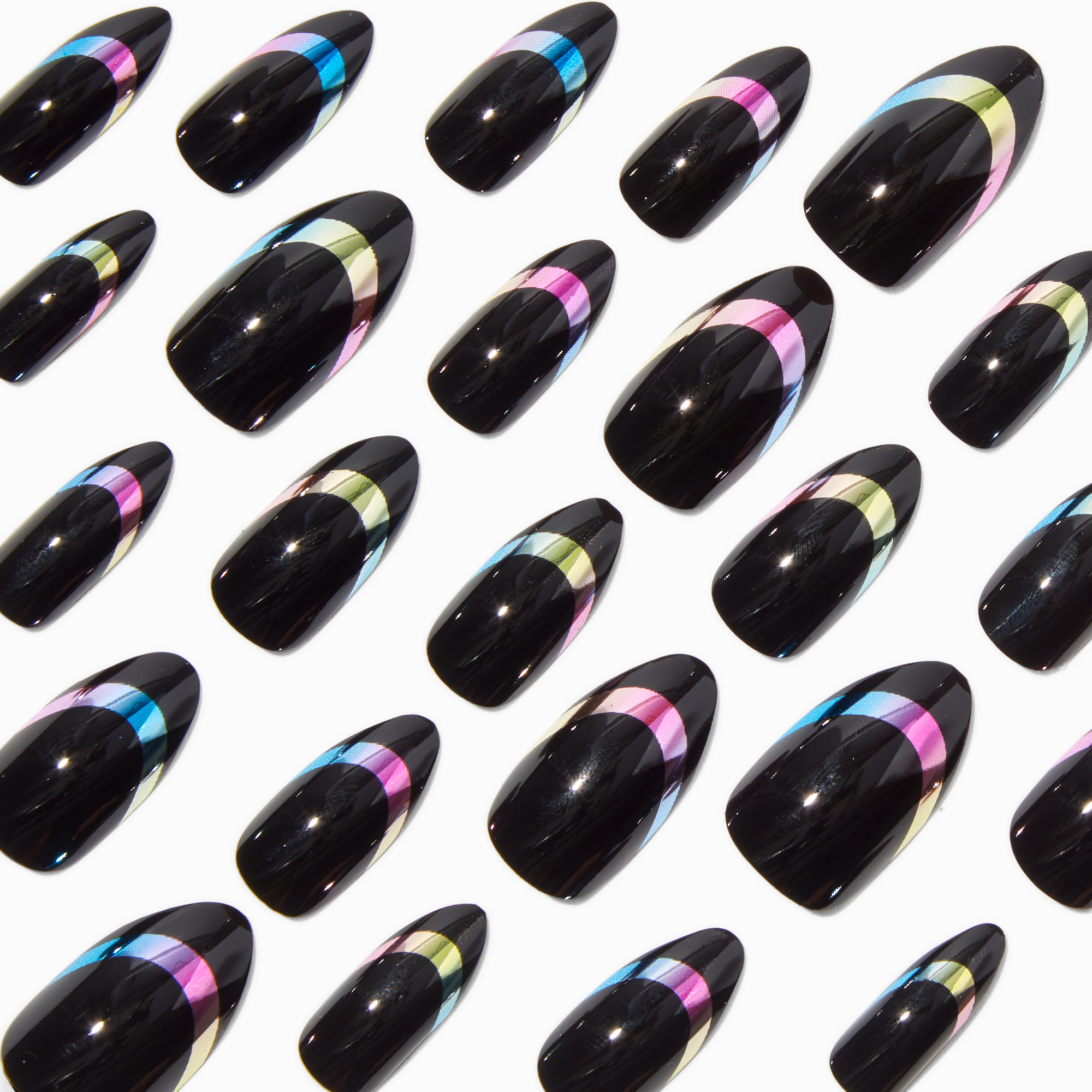 Chrome Tips Black Stiletto Vegan Faux Nail Set - 24 Pack