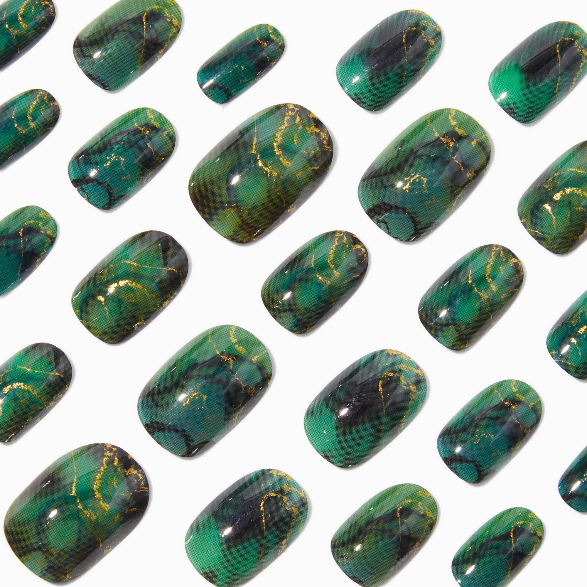 Green & Gold Marble Medium Oval Vegan Faux Nail Set - 24 Pack