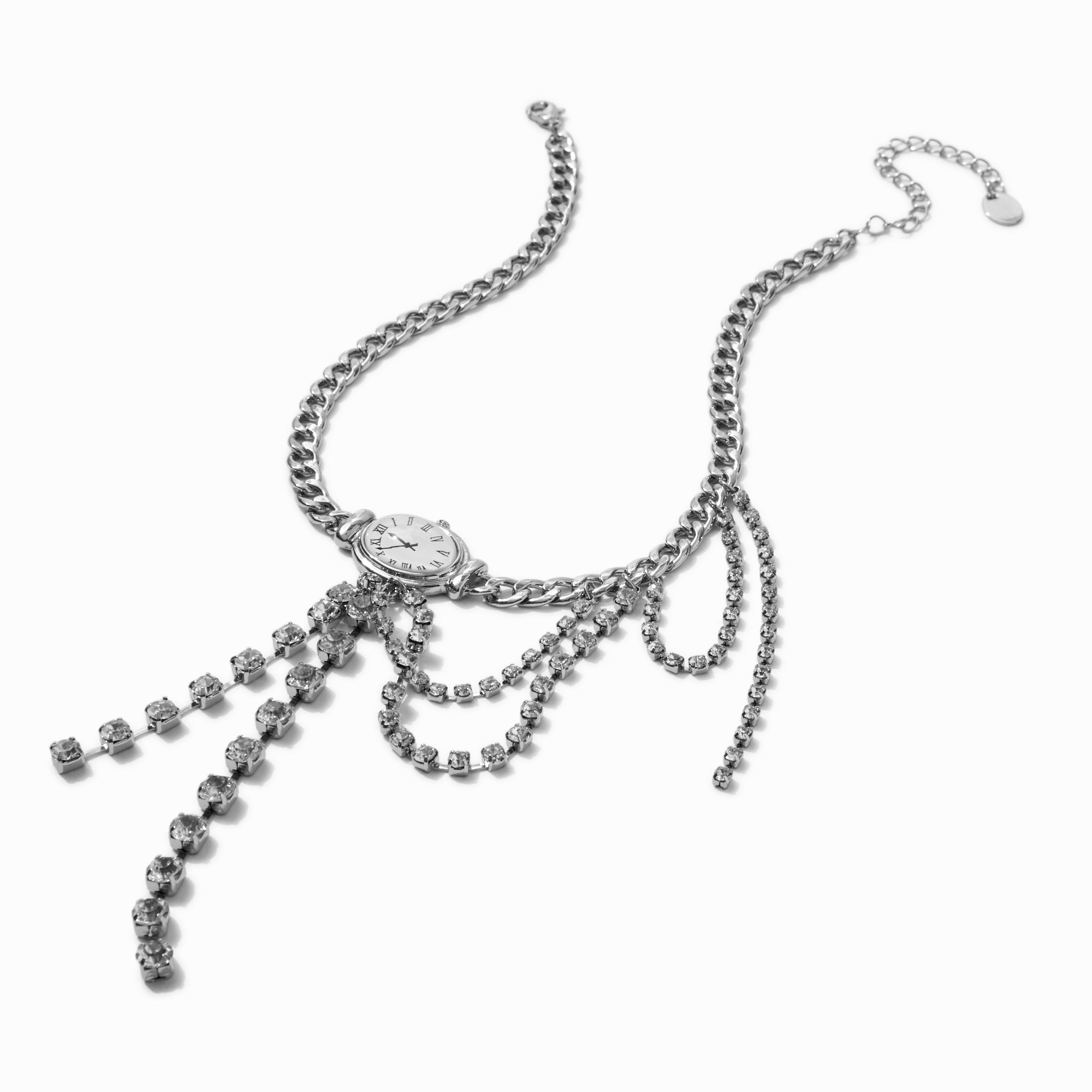 Silver-tone Crystal Cup Chain Watch Pendant Necklace